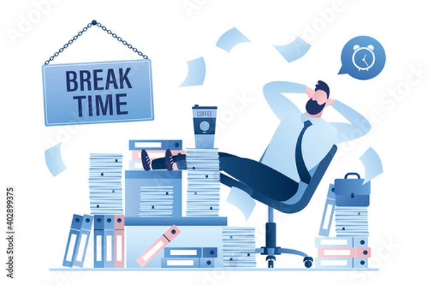 Fototapeta Board with text - break time. Office paperwork, businessman at workplace. Huge heap of paper documents, folders. Male employee relax after hard work.