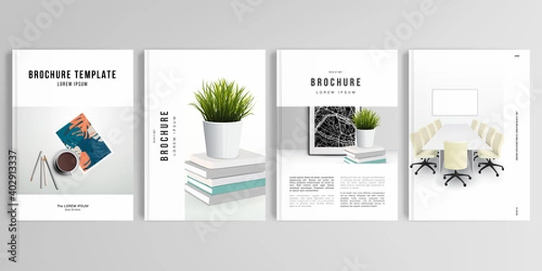 Fototapeta Realistic vector layouts of cover mockup design templates in A4 format for brochure, cover design, flyer, book design, magazine, poster. Home office concept, study or freelance, working from home.