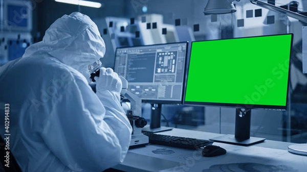 Fototapeta Research Factory Cleanroom: Close-up of Engineer / Scientist wearing Coverall and Gloves Uses Microscope, Computer Has Chroma Key Green Screen Display. Scientific and Electronics Research Facility