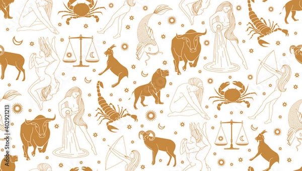 Fototapeta Seamless pattern - signs of the zodiac. Gold illustration of astrological signs on a white background. Magical illustrations of women and animals.