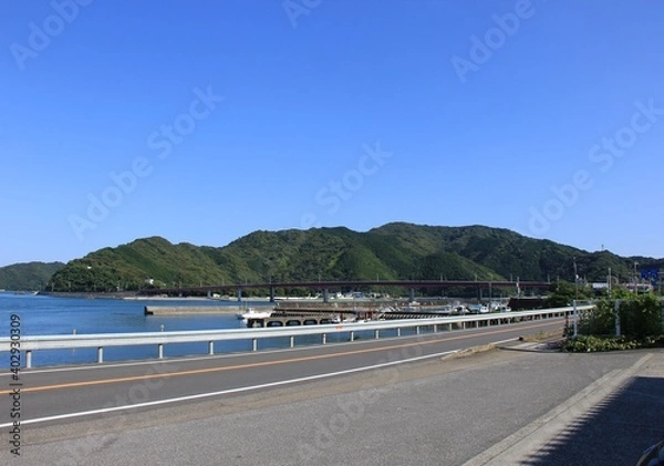 Obraz 横浪半島の先端と宇佐漁港を繋ぐ「宇佐大橋」のある風景(高知県)