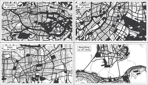 Fototapeta Jinan, Dongguan, Hong Kong and Guangzhou China City Maps Set in Black and White Color in Retro Style.