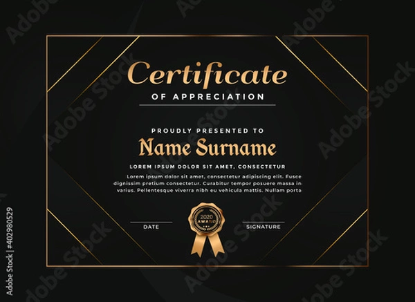Fototapeta Certificate of achievement template with gold badge and border