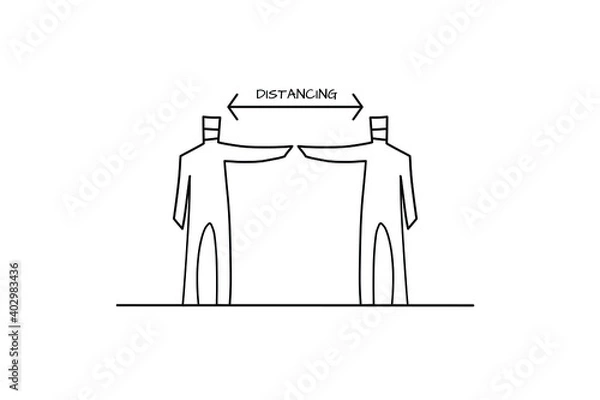 Fototapeta Doodle art for social distancing campaign. Two men, wearing mask, stand with distance to prevent the pandemic.