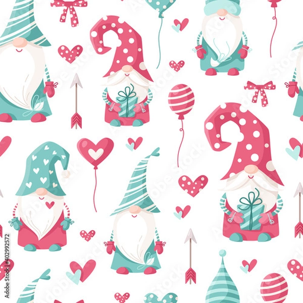 Fototapeta Valentine cartoon gnome seamless pattern - cute valentine day characters for kids, nursery dwarfs endless digital paper in pink and peppermint color, background for textile, scrapbooking, wrapping