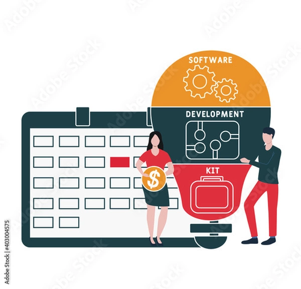 Fototapeta Flat design with people. SDK - Software Development Kit acronym, business concept background.   Vector illustration for website banner, marketing materials, business presentation, online advertising.