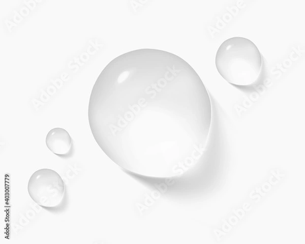 Obraz Realistic transparent water drops. Pure cosmetic product sample vector illustration. Moisturizer skincare serum isolated on white