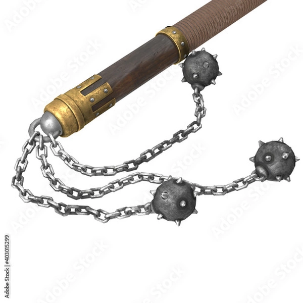 Obraz flail on a stick with metal balls, on an isolated white background. 3d illustration