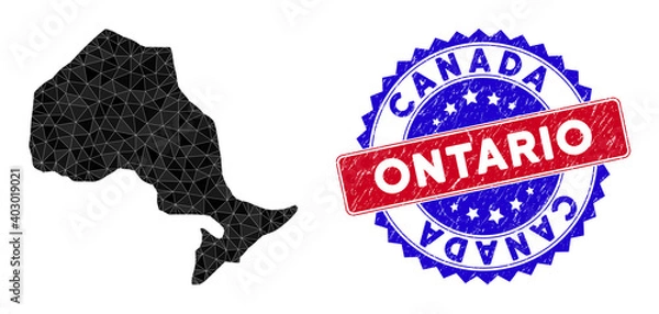 Fototapeta Ontario Province map polygonal mesh with filled triangles, and grunge bicolor stamp seal. Triangle mosaic Ontario Province map with mesh vector model, triangles have randomized sizes, and positions,