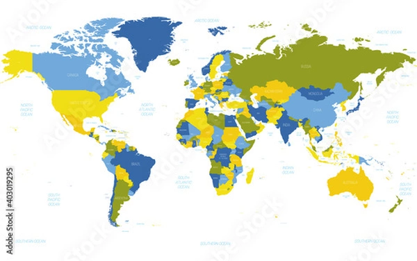 Fototapeta World map. High detailed political map of World with country, ocean and sea names labeling. 5 colors scheme vector map on white background