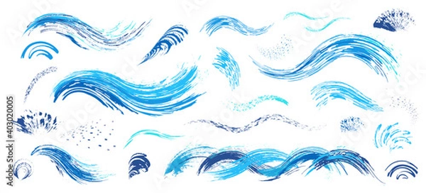 Fototapeta Brush strokes. Blue waves, water spray. Vector abstract set with hand drawn paint brushes. Grunge artistic texture. Doodle style. Collection modern abstract elements for sea background, cards, posters