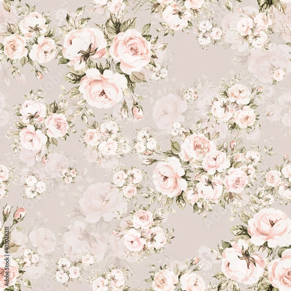 Fototapeta Abstract floral seamless print beautiful bouquets of roses drawn by paints with buds and foliage