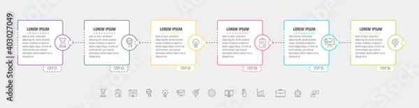 Obraz Square vector line infographic with six steps, circles. Rectangular timeline used for diagram, chart, web, presentations, flowchart, info graph, content, levels, chart, processes diagram
