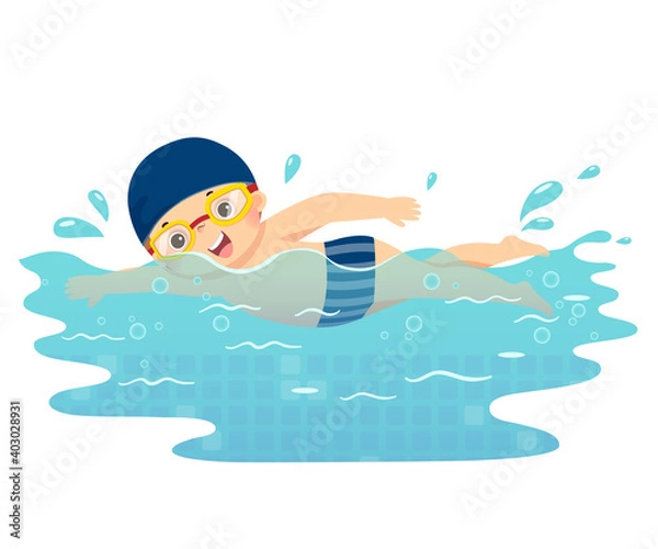 Obraz Vector illustration cartoon of little boy swimming in the pool.
