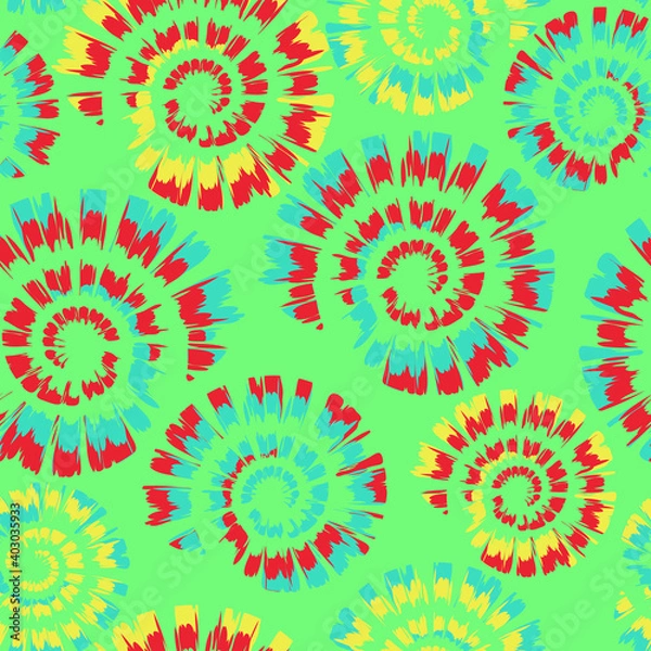 Fototapeta Seamless vector pattern with colourful tie dye spiral on green blue background. Artistic shell fossil wallpaper design. Decorative summer festival fashion textile.
