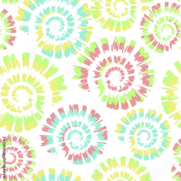 Fototapeta Seamless vector pattern with tie dye spiral on white background. Rainbow seashell wallpaper design. Pastel coloured swirl fashion textile.