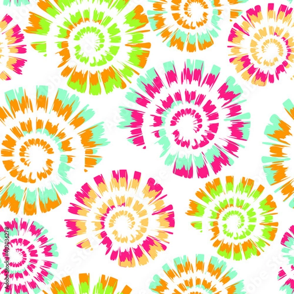 Fototapeta Seamless vector pattern with tie dye spiral on white background. Simple colourful spiral wallpaper design. Artistic deco fashion textile.