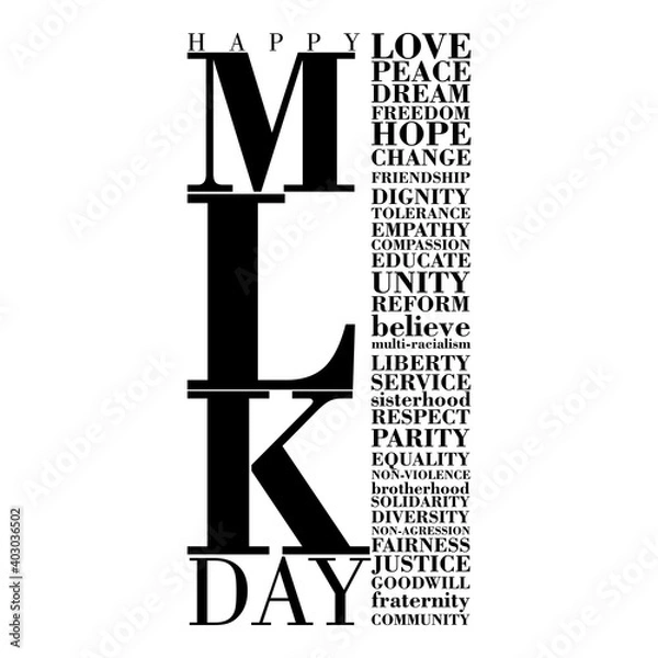 Fototapeta An abstract typographic inspirational poster for Martin Luther King Day on a white background
