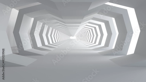 Fototapeta 3D rendering of Empty space concrete room and the pathway area indefinitely with the gap and glowing light. Museum space design, the rhythm of the square frame and the gap, Geometric structure.