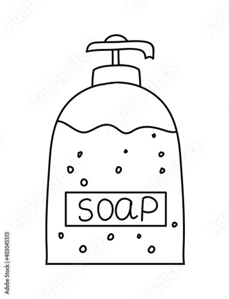 Obraz Liquid soap bottle with label and lettering, black and white hand drawn doodle vector