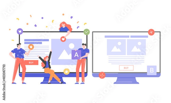Obraz Two monitors with a landing page web design on displays. Split testing, AB testing and results. Users rejoice near the winner. Vector flat illustration.