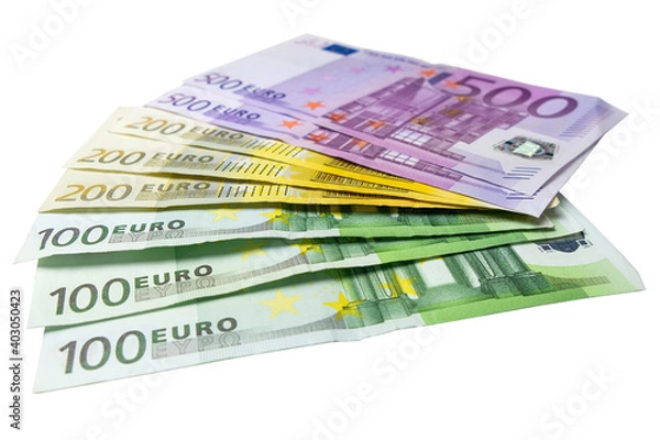 Fototapeta Fan of 100, 200 and 500 Euro bills on white from low angle