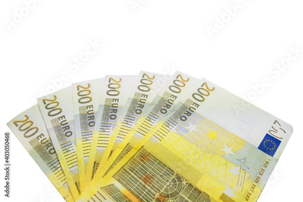 Fototapeta Seven 200 Euro bills arranged in a fan from above