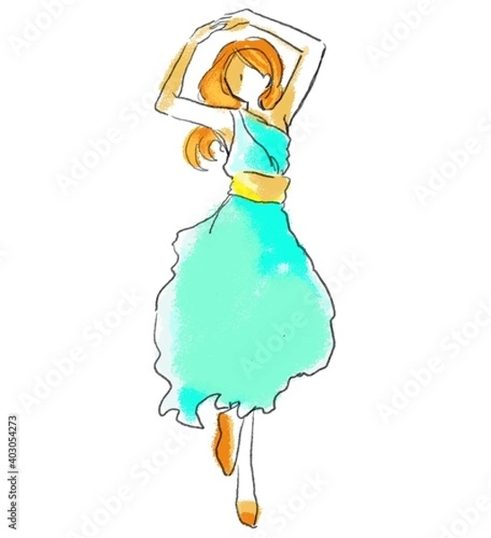 Obraz A dancing lady dressed green onepiece with longhair