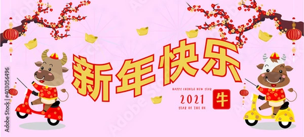 Fototapeta Chinese new year 2021. Year of the ox. Background for greetings card, flyers, invitation. Chinese Translation:Happy Chinese new Year ox.