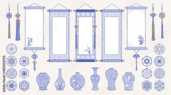 Obraz Set of hand drawn oriental elements. Asian hanging scrolls, Ceramic vases, Traditional patterns, Oriental decorations. Vector illustrations.