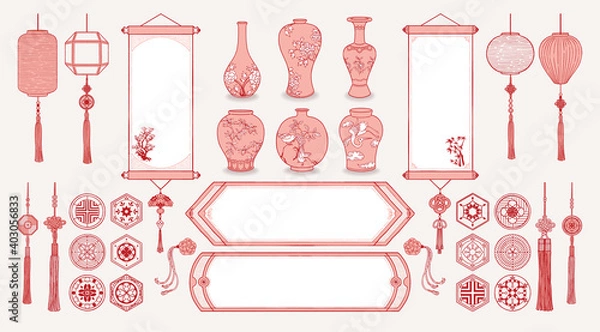 Obraz Set of hand drawn oriental elements. Asian hanging scrolls, Ceramic vases, Traditional patterns, Oriental decorations. Vector illustrations.