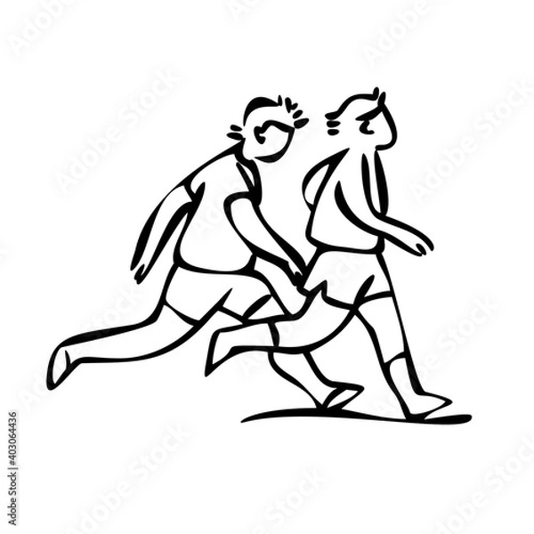 Fototapeta two teenagers are training. running competitions at school. line drawing. doodle style