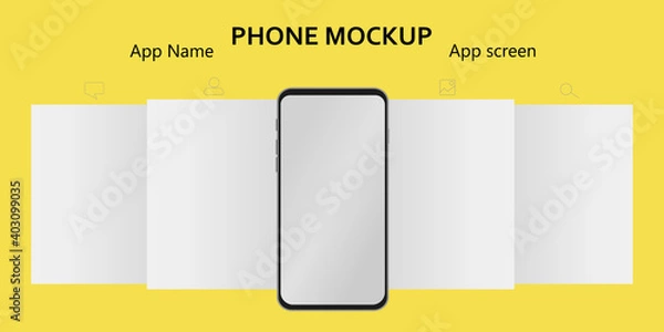 Fototapeta Mockup carousel interface post on trendy yellow background. Web app ui display template. App screens and icons. Phone with empty screen. Vector illustration.