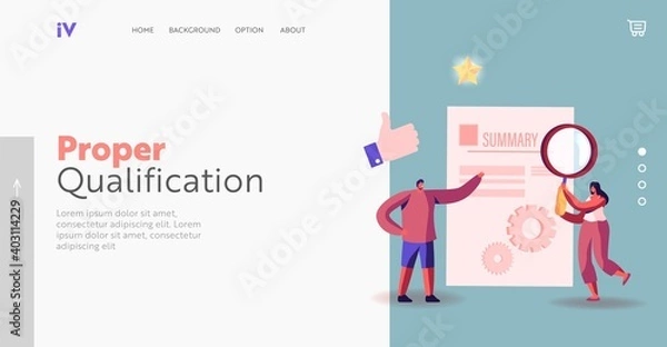 Fototapeta Tiny Businesspeople Characters Read Summary Landing Page Template. Woman with Magnifying Glass Stand at Huge Portfolio