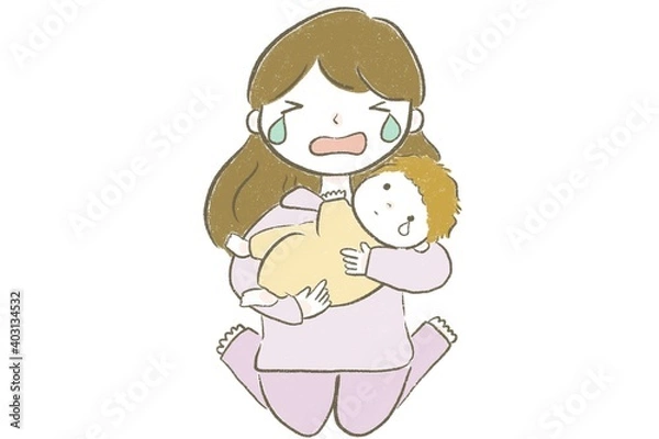 Fototapeta 夜泣きにストレスを感じ泣くママ