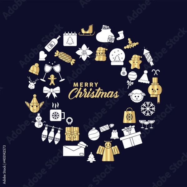 Fototapeta happy merry christmas lettering with golden and silver set icons