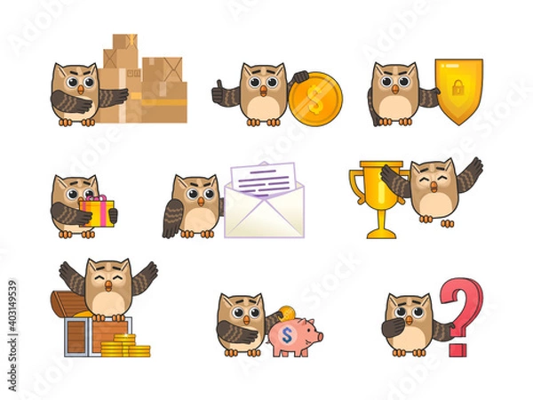 Obraz Set of brown owl characters showing various actions. Cute owl mascot with parcel boxes, big dollar coin, shield, gift, treasure chest and showing other actions. Modern vector illustration