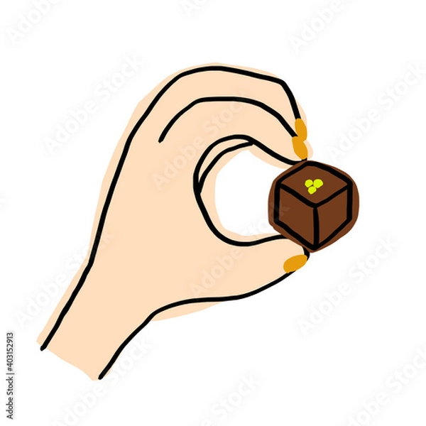 Obraz ピスタチオチョコレートをつまむ手　オレンジネイル　ティータイム
