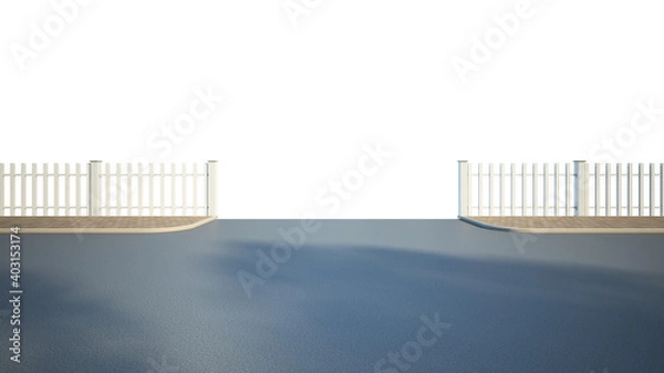 Fototapeta side view road fence and footpath in tree shadow for retouch on white background 3d render