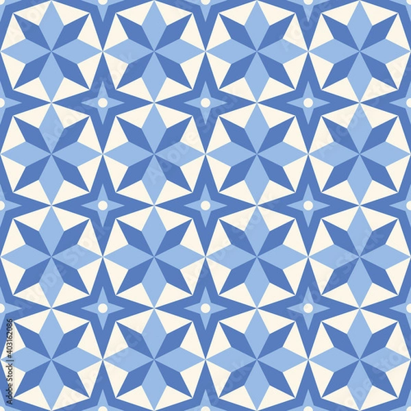 Obraz Blue patchwork quilt pattern design in blue and cream, vector geometric background with star shapes.