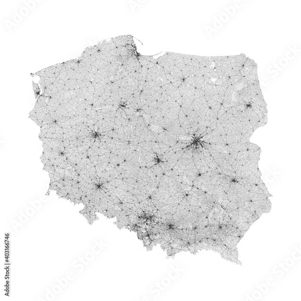 Obraz Poland map. Road map of Poland. It includes all roads of the country (from highways to country roads and railways). Light grayscale decorative graphics.