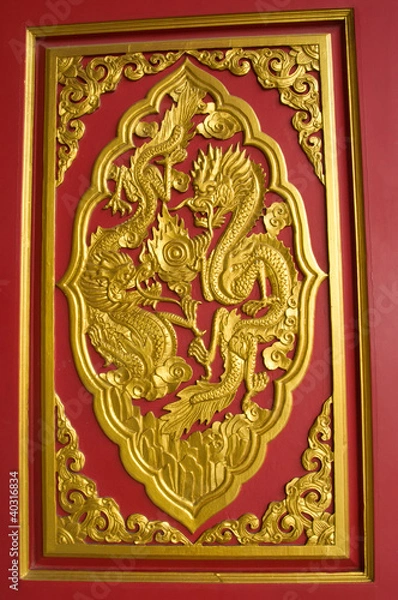 Obraz gold dragon on red background