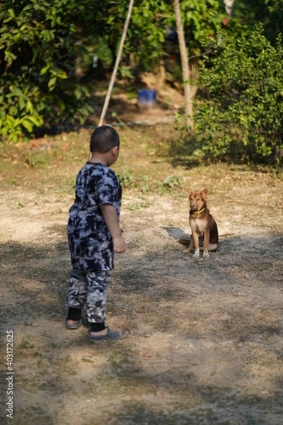 Obraz child playing with dog