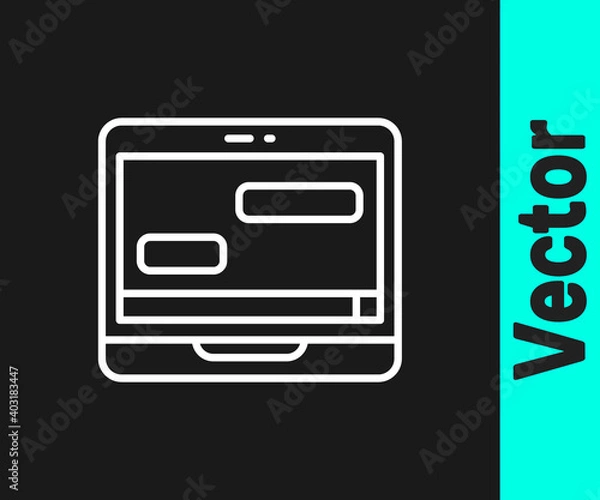 Fototapeta White line New chat messages notification on laptop icon isolated on black background. Smartphone chatting sms messages speech bubbles. Vector.