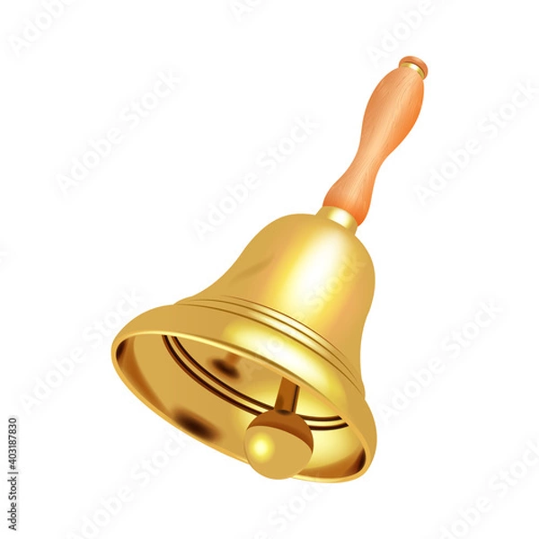 Fototapeta Golden bell with a wooden handle. Vector isolated image on white background.