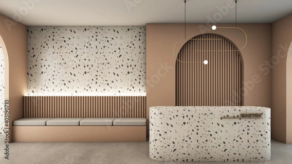Obraz Reception design modern minimal,Granite stone counter reception,Back wall decoration brown color,Waiting area,Concrete floor -3D render