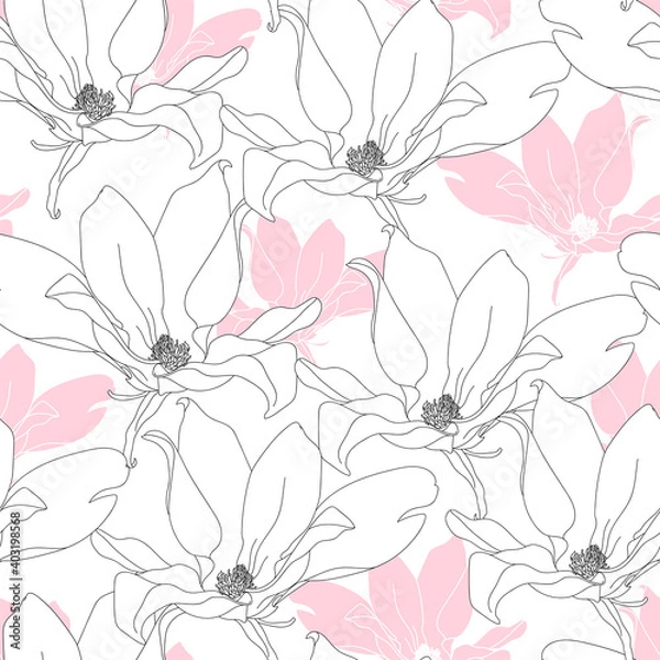 Fototapeta Seamless pattern with magnolia. Hand drawn floral background. Artwork for textiles, fabrics, souvenirs, packaging and greeting cards.