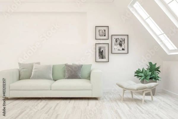Fototapeta White living room with sofa. Scandinavian interior design. 3D illustration