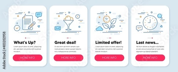 Fototapeta Set of Business icons, such as Leaves, Ice cream, Article symbols. Mobile screen banners. Clock line icons. Grow plant, Sundae in glass, Feedback. Time or watch. Leaves icons. Vector