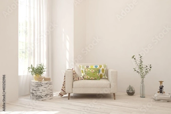 Fototapeta White living room with armchair. Scandinavian interior design. 3D illustration